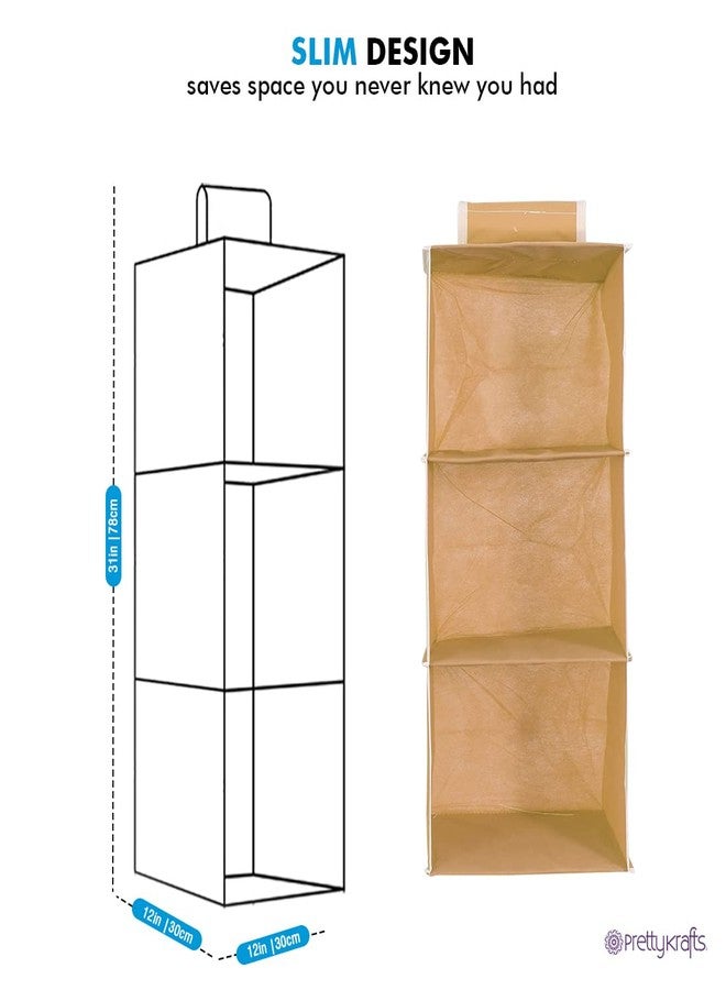 PrettyKrafts Clothes Hanging 3 Shelf Organizer, Wall Hanging Organiser, Compartment Clothes Storage Wardrobe Organizer, Non Woven Fabric + Engineered Wood Inside, Foldable Closet Organizer, Beige - Image 3